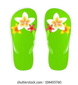 Sandalias Flip Flop Con Flores De Plumeria, Aisladas En Fondo Blanco, Ilustración Vectorial