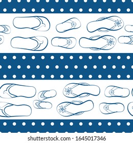 Flip flop shoe background. Seamless vector pattern. Hand drawn outline style wide stripes and polka dots. White and navy blue colors. Summer vacation concept.