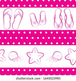 Flip flop shoe background. Seamless vector pattern. Hand drawn outline style with stripes and sea creatures. White and pink colors. Tropical beach vacation concept