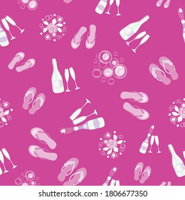 Flip Flop Shoe And Champagne Bubbles Vector Seamless Pattern Background. Bottles, Glasses, Fizzy Drink, Sandals Pink Silver White Backdrop. All Over Print For Beach Resort, Party, Celebration Concept