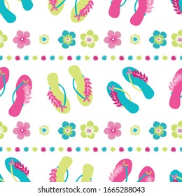 Flip flop shoe on beach seamless vector pattern background. Elegant sandals and flowers oceanside backdrop. Tropical colors. Hot summer all over print. For seaside wedding and honeymoon resort concept