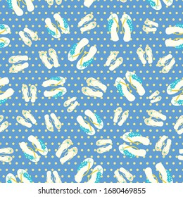 Flip flop shoe on beach seamless vector pattern background. Pretty blue sandals with tropical flower decoration and polka dot oceanside backdrop. Hot summer all over print for tropical resort concept