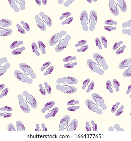 Flip flop shoe on seamless vector pattern background. Pretty sandals with tropical flower decoration oceanside backdrop. Pastel purple shades. Summer all over print for beach wedding resort concept.