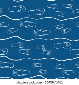 Fondo de patrón vectorial sin fisuras de la zapata de voladizo. Estilo de contorno dibujado a mano con ondas. Color blanco y azul. Concepto de vacaciones familiares de verano.