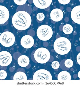 Flip flop shoe seamless vector pattern. Cute hand drawn outline design with bubble background in white and blue. Family summer vacation concept