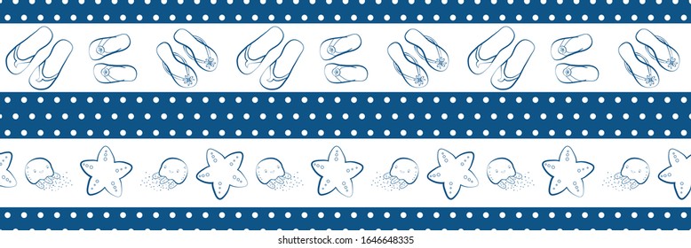 Flip flop shoe seamless vector patttern border. Hand drawn outline style wide stripes and polka dots. Featuring jellyfish and starfish. White and navy blue colors.