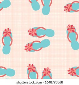 Flip flop shoe seamless vector pattern background. Hand drawn sandals with tropical flower decoration on pastel watercolor style backdrop. Hot summer all over print for tropical resort concept.