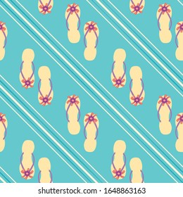 Flip flop shoe seamless vector pattern background. Hand drawn sandals with flower decoration and diagonal stripes Hot summer all over print for tropical beach concept.