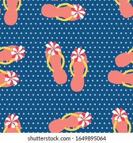 Flip flop shoe seamless vector pattern background. Hand drawn women sandals with tropical flower. Polka dot backdrop. Hot summer illustration all over print for vacation resort concept.