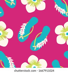 Flip flop shoe seamless vector pattern background. Stylish sandals with tropical flower decoration beach wedding backdrop. Multicolor. All over print for beach wedding, vacation resort 