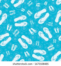 Flip flop shoe seamless vector pattern background. Pretty sandals with tropical flower decoration beach wedding backdrop. Monochrome ocean blue. All over print for honeymoon, vacation resort concept