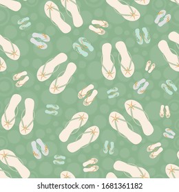 Flip flop shoe seamless vector pattern background. Pretty pairs of sandals with tropical flower decoration green backdrop. Hot summer design. All over print for tropical beach resort concept