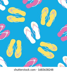 Flip flop shoe seamless vector pattern background. Stylish sandals and starfish beach blue backdrop. Multicolor illustration. All over print for summer and tropical oceanside vacation concept