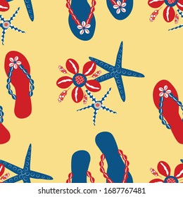 Flip flop shoe seamless vector pattern background. Stylish sandals, starfish, cowrie shell backdrop. Red, blue, yellow beach. Hot summer all over print for oceanside vacation, seaside resort concept