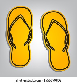 Flip flop sign. Flat orange icon with overlapping linear black icon with gray shadow at whitish background. Illustration.