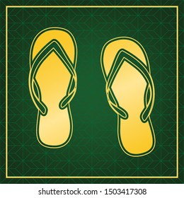 Flip flop sign. Golden icon with gold contour at dark green gridded white background. Illustration.