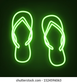 Flip flop sign. Green neon icon in the dark. Blurred lightening. Illustration.