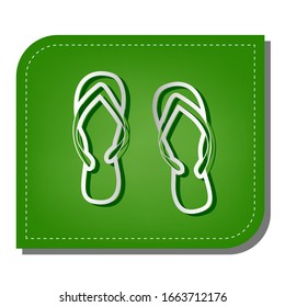 Flip flop sign. Silver gradient line icon with dark green shadow at ecological patched green leaf. Illustration.