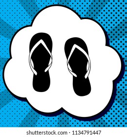 Flip flop sign. Vector. Black icon in bubble on blue pop-art background with rays.