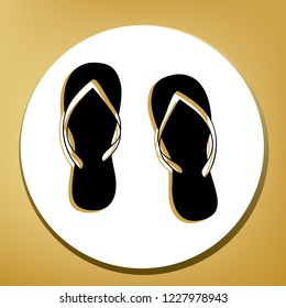 Flip flop sign. Vector. Black icon with light brown shadow in white circle with shaped ring at golden background.