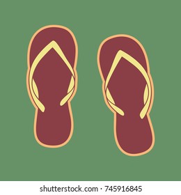 Flip flop sign. Vector. Cordovan icon and mellow apricot halo with light khaki filled space at russian green background.