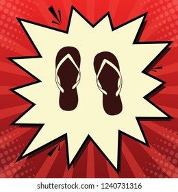 Flip flop sign. Vector. Dark red icon in lemon chiffon shutter bubble at red popart background with rays.