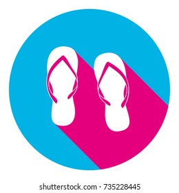 Flip flop sign. Vector. Flat white icon with mexican pink shadow inside sky blue(S and G) circle at white background. Isolated. Trend colors in 2017.