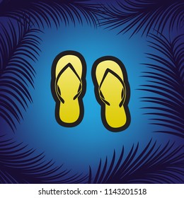 Flip flop sign. Vector. Golden icon with black contour at blue background with branches of palm trees.