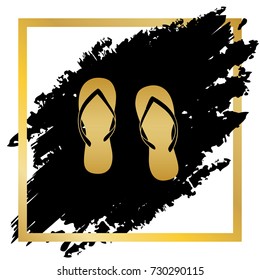 Flip flop sign. Vector. Golden icon at black spot inside golden frame on white background.