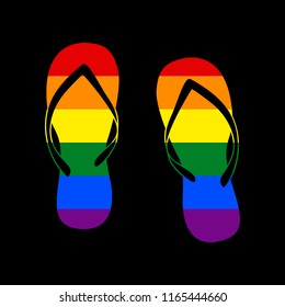 Flip flop sign. Vector. Icon with colors of LGBT flag at black background.