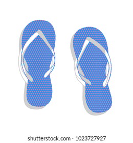 Flip flop sign. Vector. Neon blue icon with cyclamen polka dots pattern with light gray shadow on white background. Isolated.