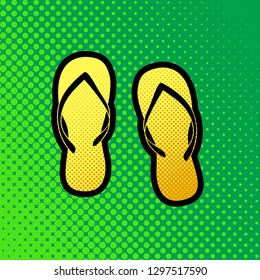 Flip flop sign. Vector. Pop art orange to yellow dots-gradient icon with black contour at greenish background.