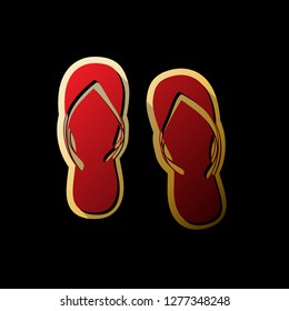 Flip flop sign. Vector. Red icon with small black and limitless shadows at golden sticker on black background.