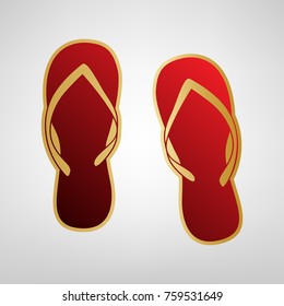Flip flop sign. Vector. Red icon on gold sticker at light gray background.