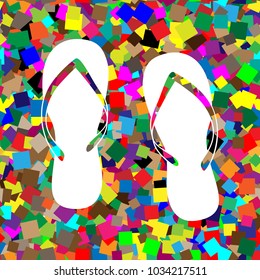 Flip flop sign. Vector. White icon on colorful background with seamless pattern from squares.