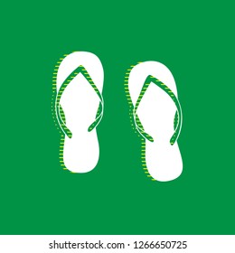 Flip flop sign. Vector. White flat icon with yellow striped shadow at green background.