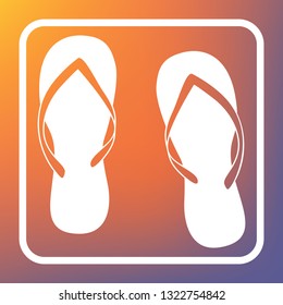 Flip flop sign. Vector. White icon on transparent button at orange-violet gradient background.