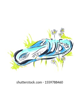 Flip flop slipper lies in the grass with daisies. Summer time. white background
