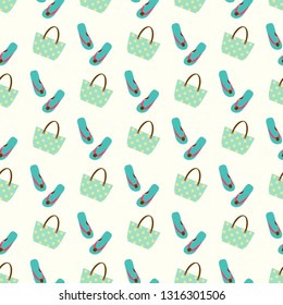 Flip flop summer pattern. Seamless pattern with cute colorful sandals and beach bag. Pattern design in slipper. Summer texture vector background