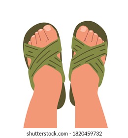 Flip flop top view. Feet in shoes. Beach or home shoes. Open shoes. Vector illustration