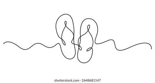 Flip flops beach in one continuous line drawing, Flip flops thong sandals single line art style, Continuous one line drawing of slippers for beach. Summer party. vector illustration