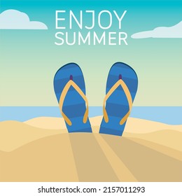 Flip flops in the beach sand. Sea in background, Flat vector illustration