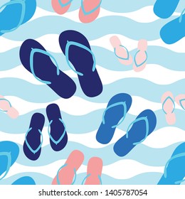 Flip flops, blue and coral on waves. Vector seamless pattern.