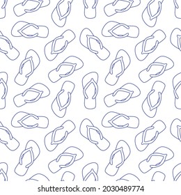 Flip flops blue outline seamless pattern on white background. Vector illustration.