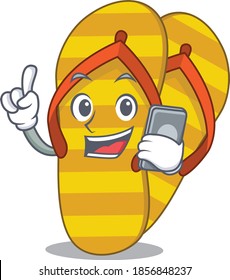 Flip flops caricature character speaking with friends on phone