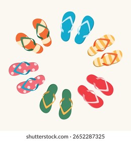 Inverter Círculo de Flops com espaço de cópia. Conjunto de chinelos de verão. Ilustração vetorial para design, cartão, festa, venda.