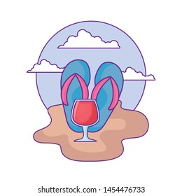 flip flops with cocktail in cup in beach