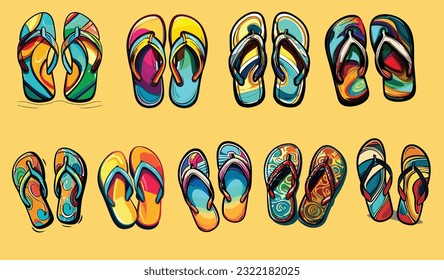 Flip flops - colored summer slippers, symbolic for group travel, team, friends or family holiday - isolated vector illustration on white.