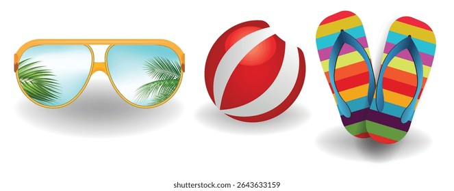 flip flops, Colorful beach ball and Sunglasses with ocean beach and palms on white background.