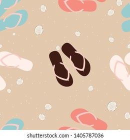 Flip flops colorful and white seashells on sand. Vector seamless pattern.